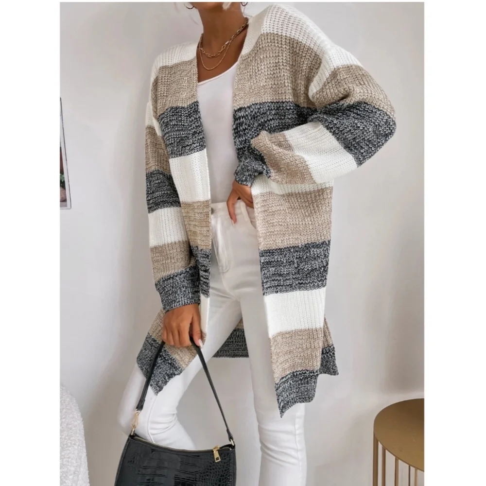 Colorblock Stripes Open Knit Cardigan Knee Length - Picture 4 of 9